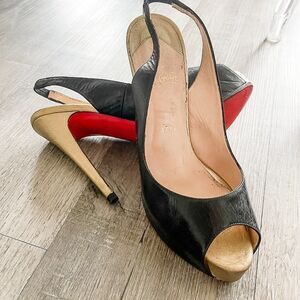 Christian Louboutin Black Gold Leather Slingback Peep Toe Pumps Size 39.5EU